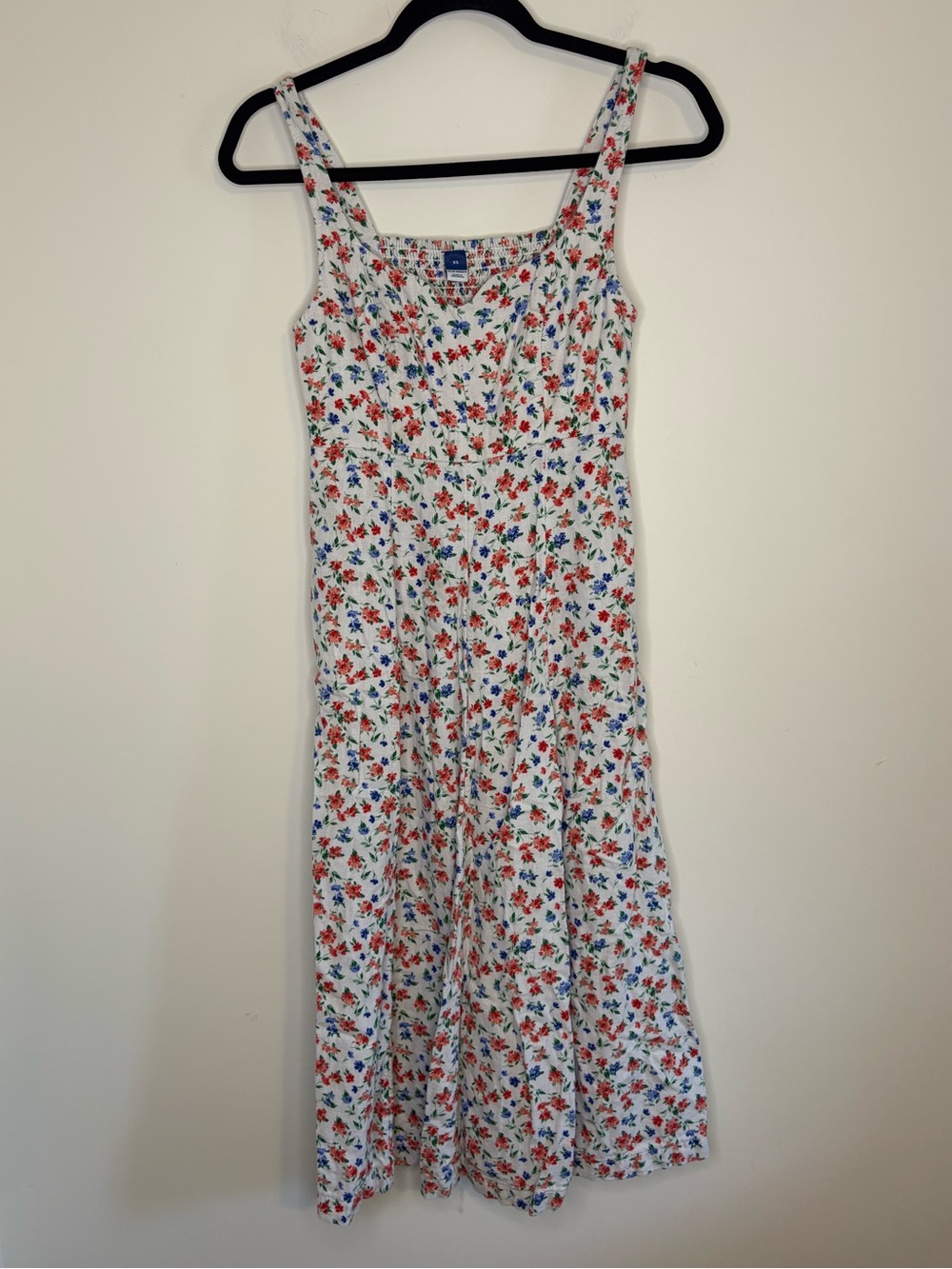 Old Navy Cream Swing Midi Dress with Red & Blue Floral Print Size XS Linen Blend